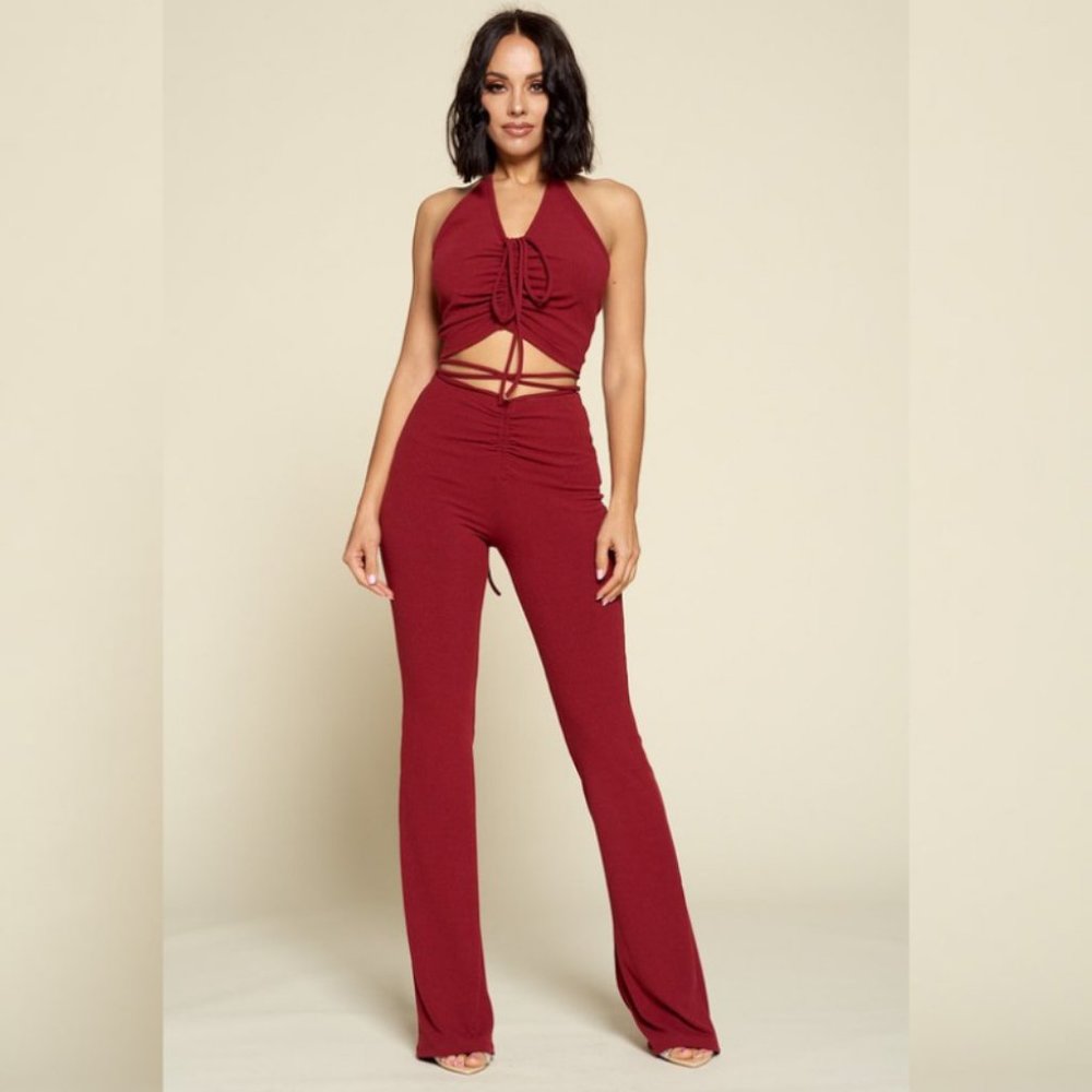 Halter Back Crop Top & High Waist Pant Set Red
